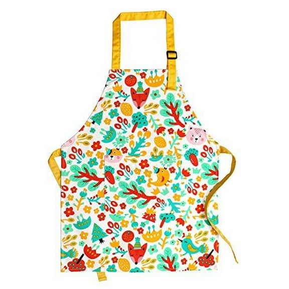 Children Cooking Aprons, Pure Cotton Canvas Children Kids Aprons with Adjustable Neck Strap and Pocket Cute Child Chef Aprons for Boys and Girls in 2 Sizes (White 1, L)