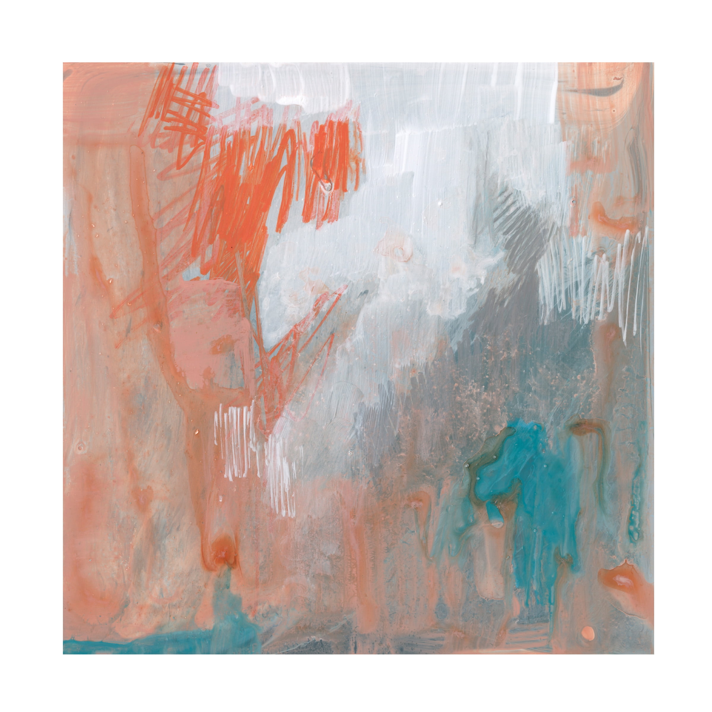 Coral and Teal Abstract Canvas Art, 14" x 14"
