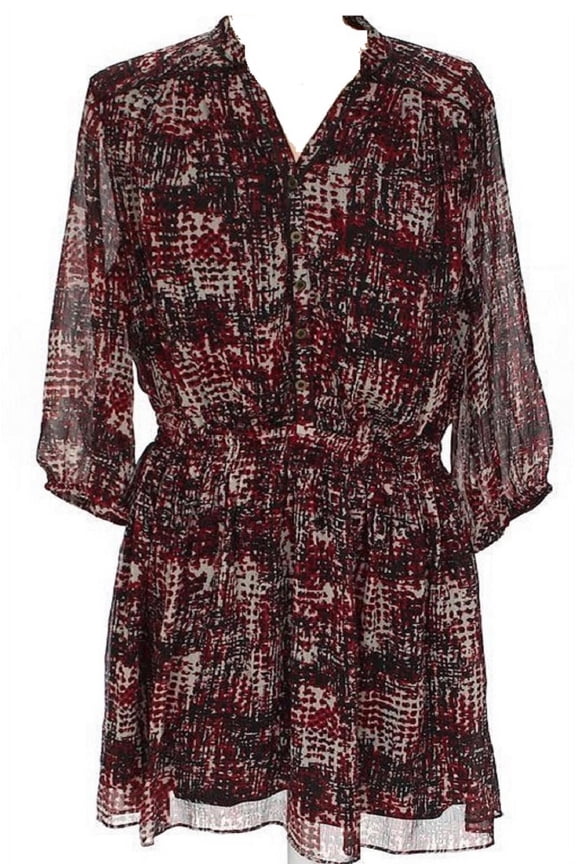 Red Combo Batik Print Dress with Button Detail, Medium