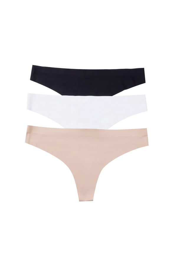 3 Pack Laser Cut Seamless Thong Panty Second-Skin Fit Comfort Black, Nude, and White (S–XL)
