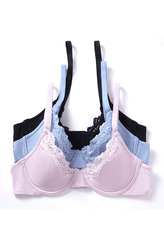 3 Pack Wired Full Cup Lace Trim Scoop Bra with Underwire Adjustable Straps Double Layered Wing Support and Comfortable Fit (32B-40C)