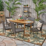 Jennifer Outdoor 7 Piece Acacia Wood Dining Set with Stacking Wicker Chairs, Teak, Multi Brown