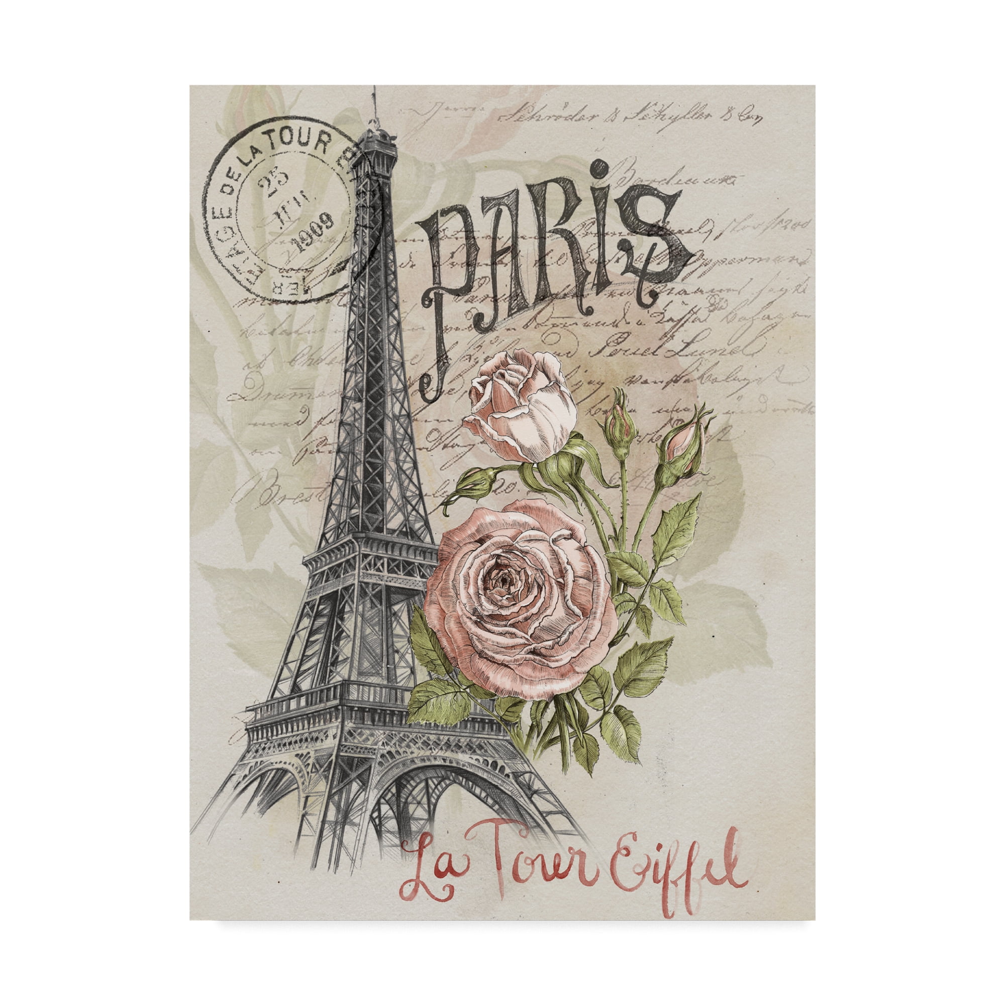 Paris Sketchbook Eiffel Tower Floral Canvas Art in Beige and Gray