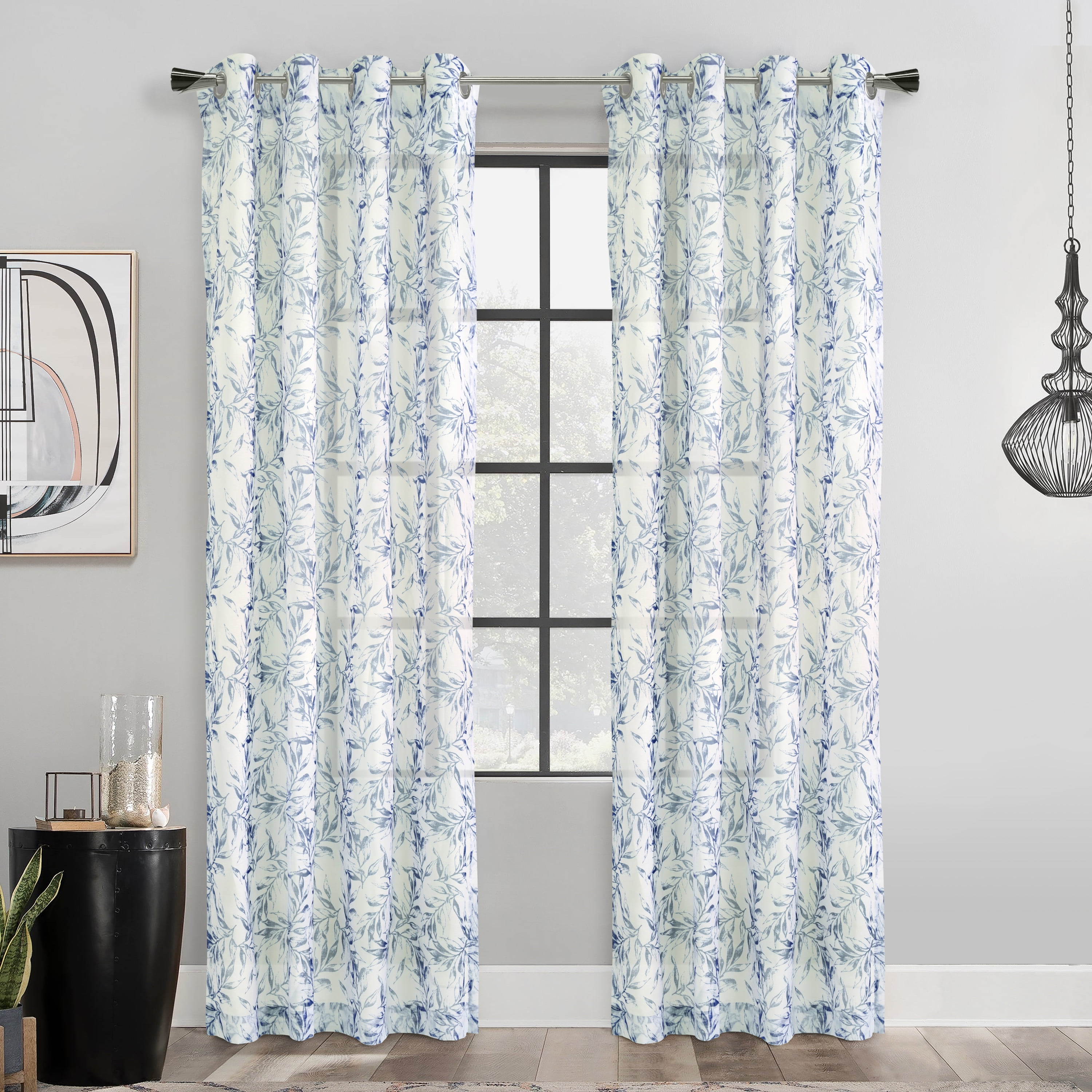 Jennifer Sheer Botanical Print Grommet Curtain Panel 52" x 84" in Indigo