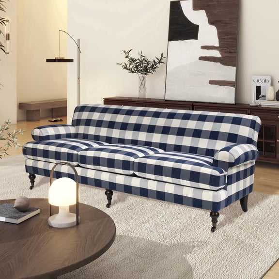Jennifer Taylor Home Alana 88" Lawson Living Room Three-Cushion Tightback Sofa Couch with Metal Casters, Blue Lattice