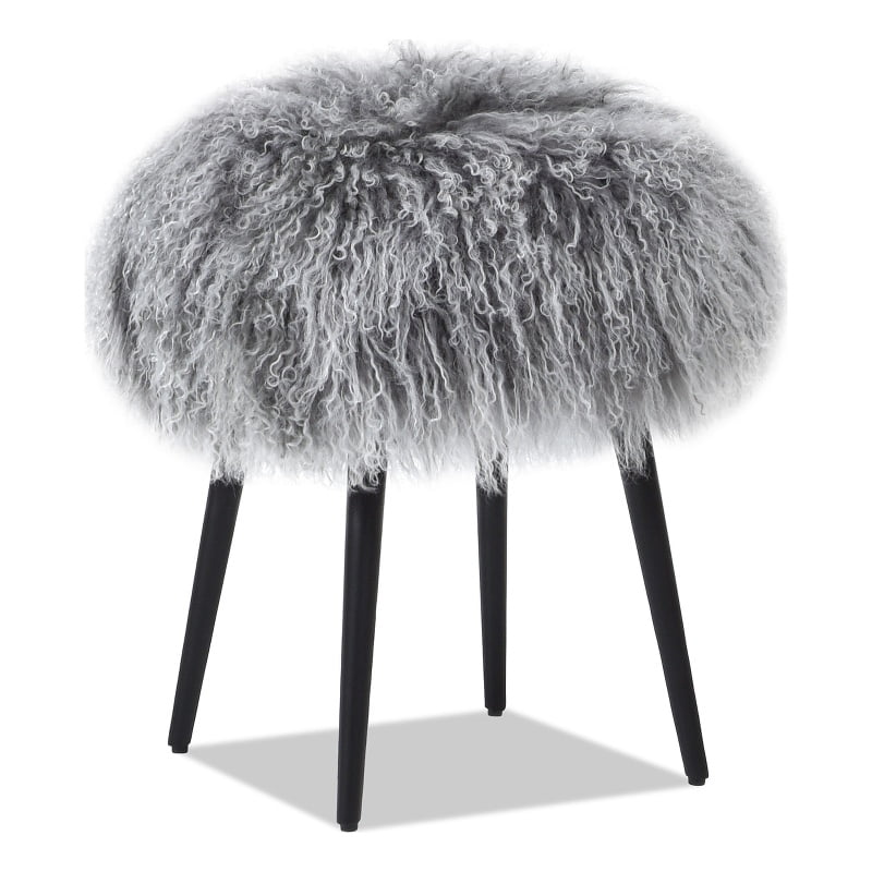 Dimensional Gray Mongolian Sheepskin Round Ottoman with Black Metal Legs