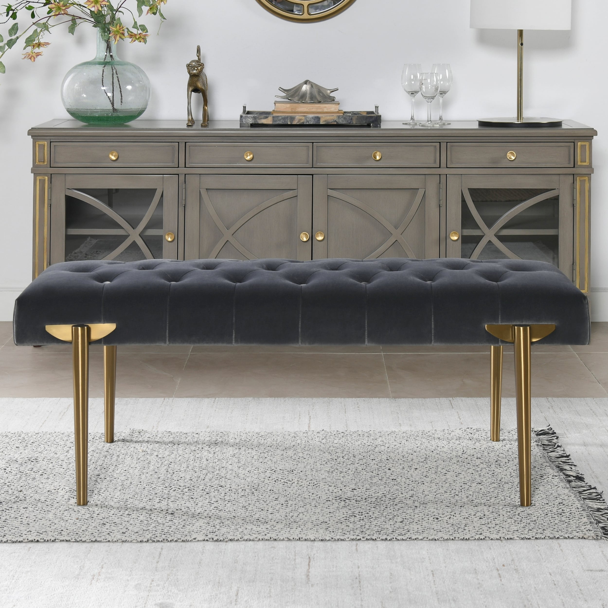 Aria Steel Gray Velvet Upholstered Metal Leg Bench