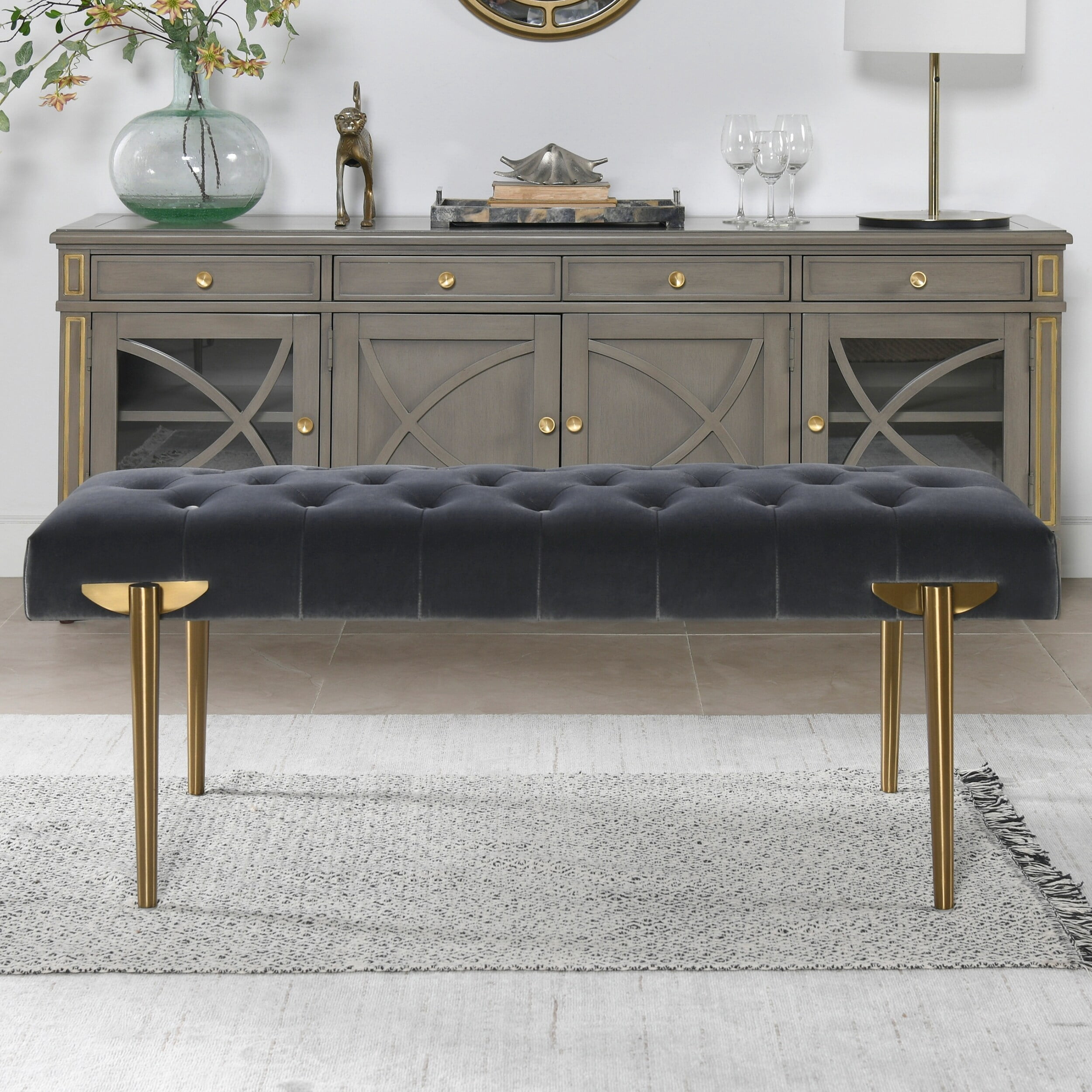 Jennifer Taylor Home Andie Upholstered Accent Bench - Steel Gray Performance Velvet With Satin Gold Legs