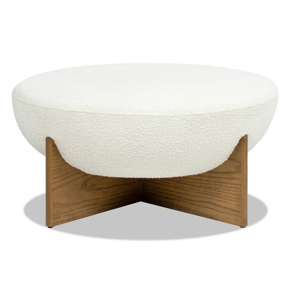 Jennifer Taylor Home Bali 37" Round Upholstered Cocktail Ottoman with Natural Wood Base, Ivory White Boucle