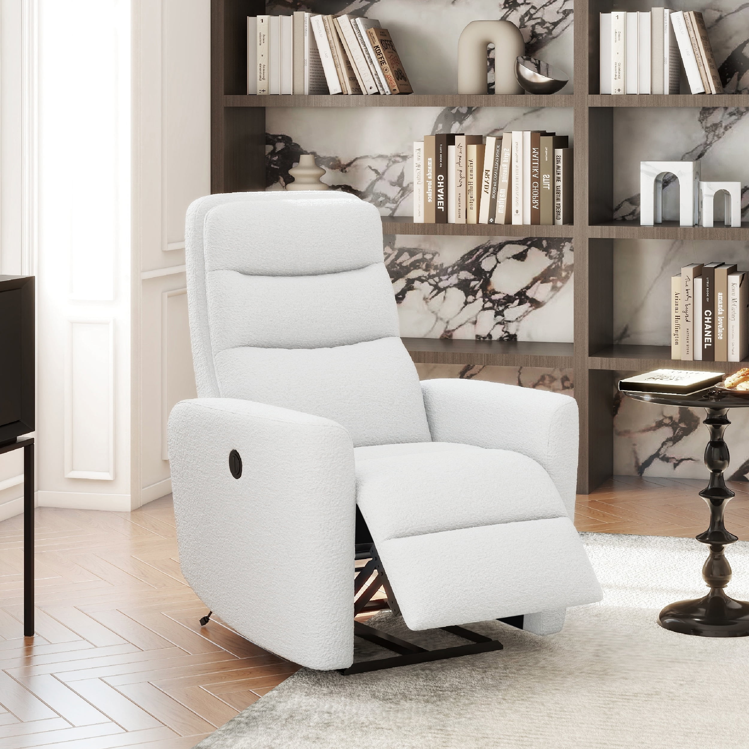 Chiffon White Power Recliner with Boucle Upholstery