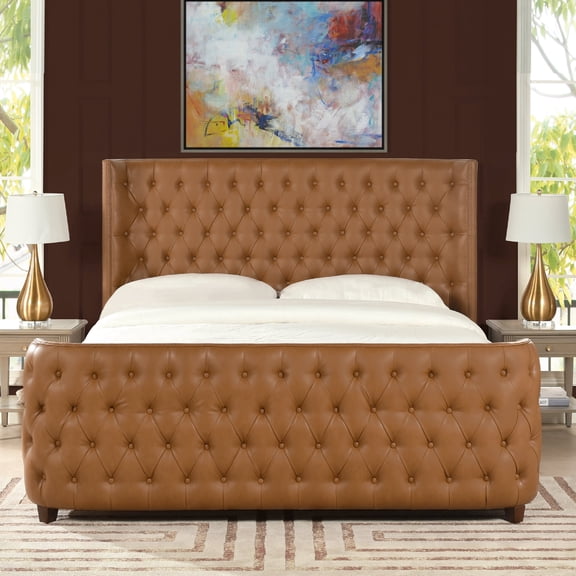 Jennifer Taylor Home Brooklyn Tufted Bed King Caramel Tan Brown Faux Leather