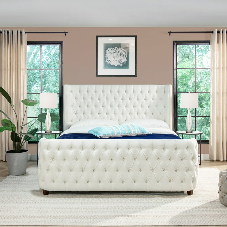 Jennifer Taylor Home Brooklyn Tufted Shelter Wingback Panel Bed Antique White Polyester Espresso Tufted Includes Hardware King Polyester Blend