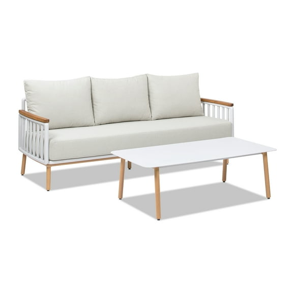Jennifer Taylor Home Calarono 2pc Teak & Aluminium Outdoor Sofa and Coffee Table Patio Set Sand Dune Chenille