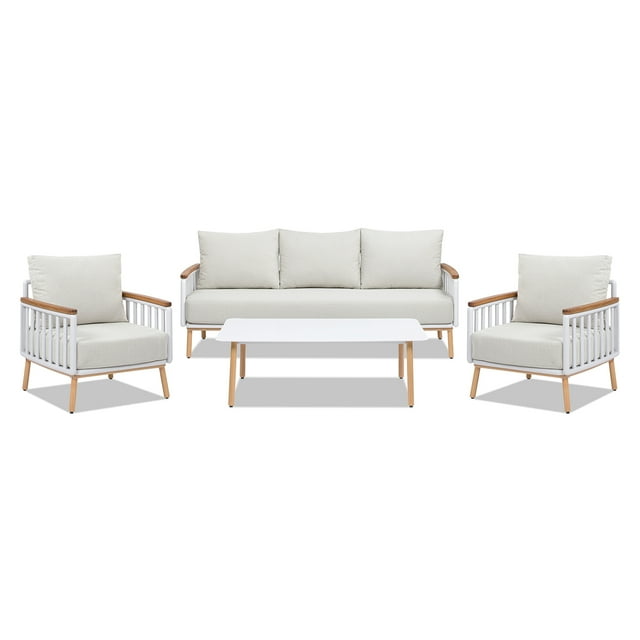 Jennifer Taylor Home Calarono 4pc Upholstered Teak & Aluminium Patio Conversation Set Sand Dune Chenille