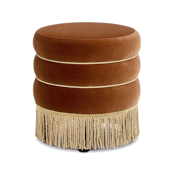 Edward 17.5" Round Upholstered Ottoman with Bullion Fringe Orange Velvet