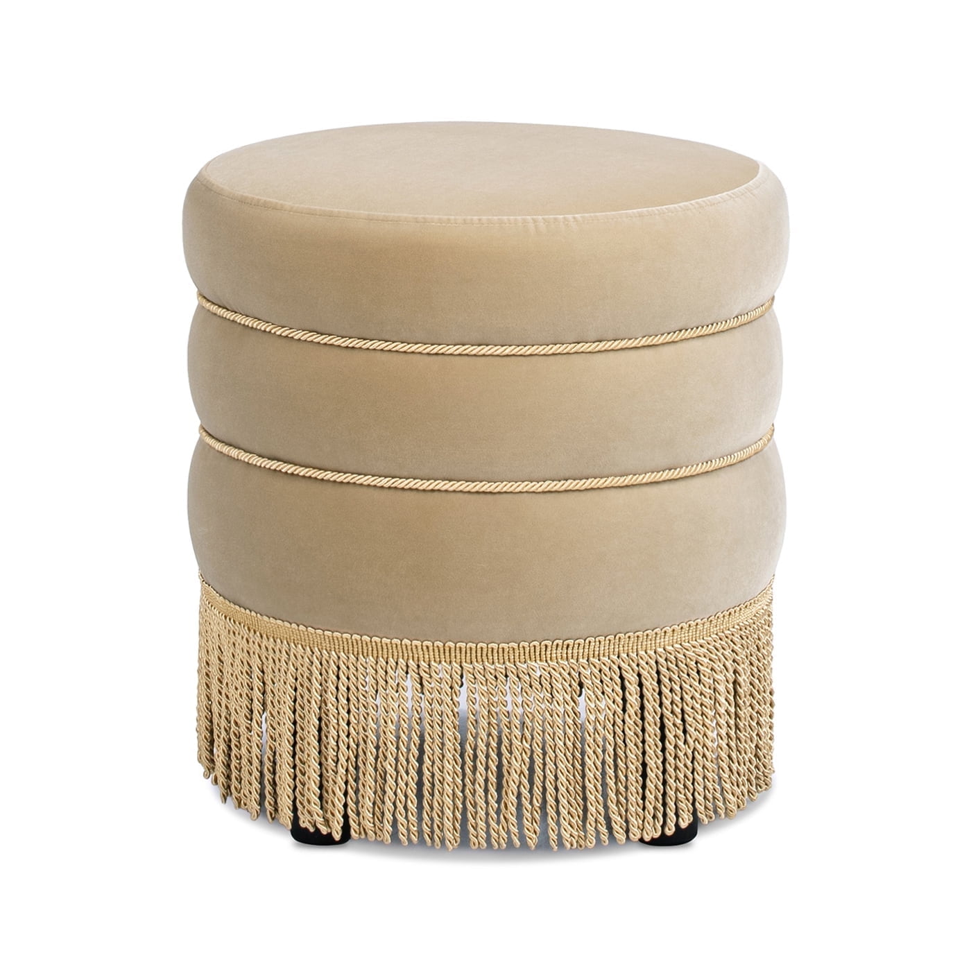 Jennifer Taylor Home Edward 17.5" Round Upholstered Ottoman with Bullion Fringe, Fawn Brown Performance Velvet