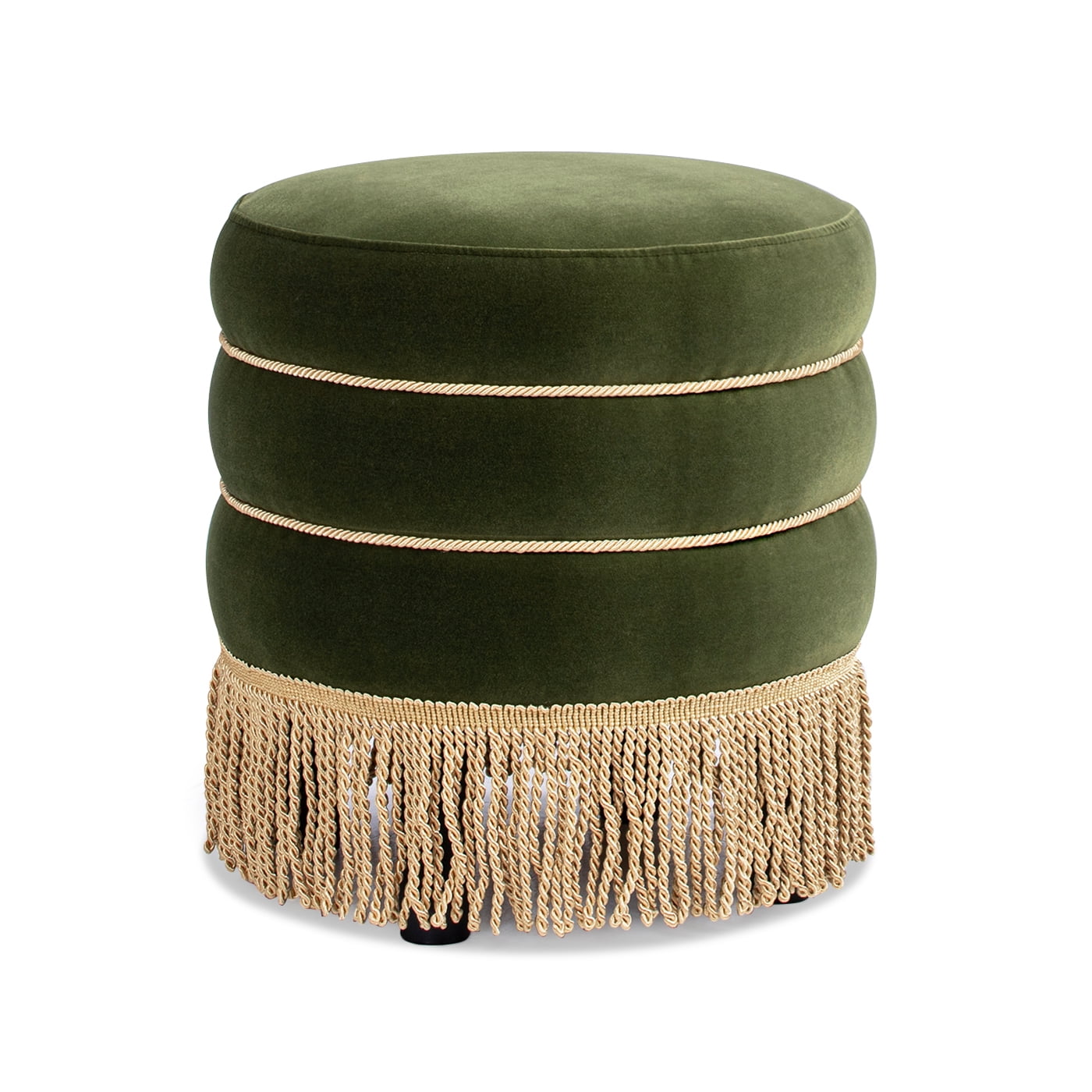 Olive Green Velvet Round Tufted Ottoman with Bullion Fringe