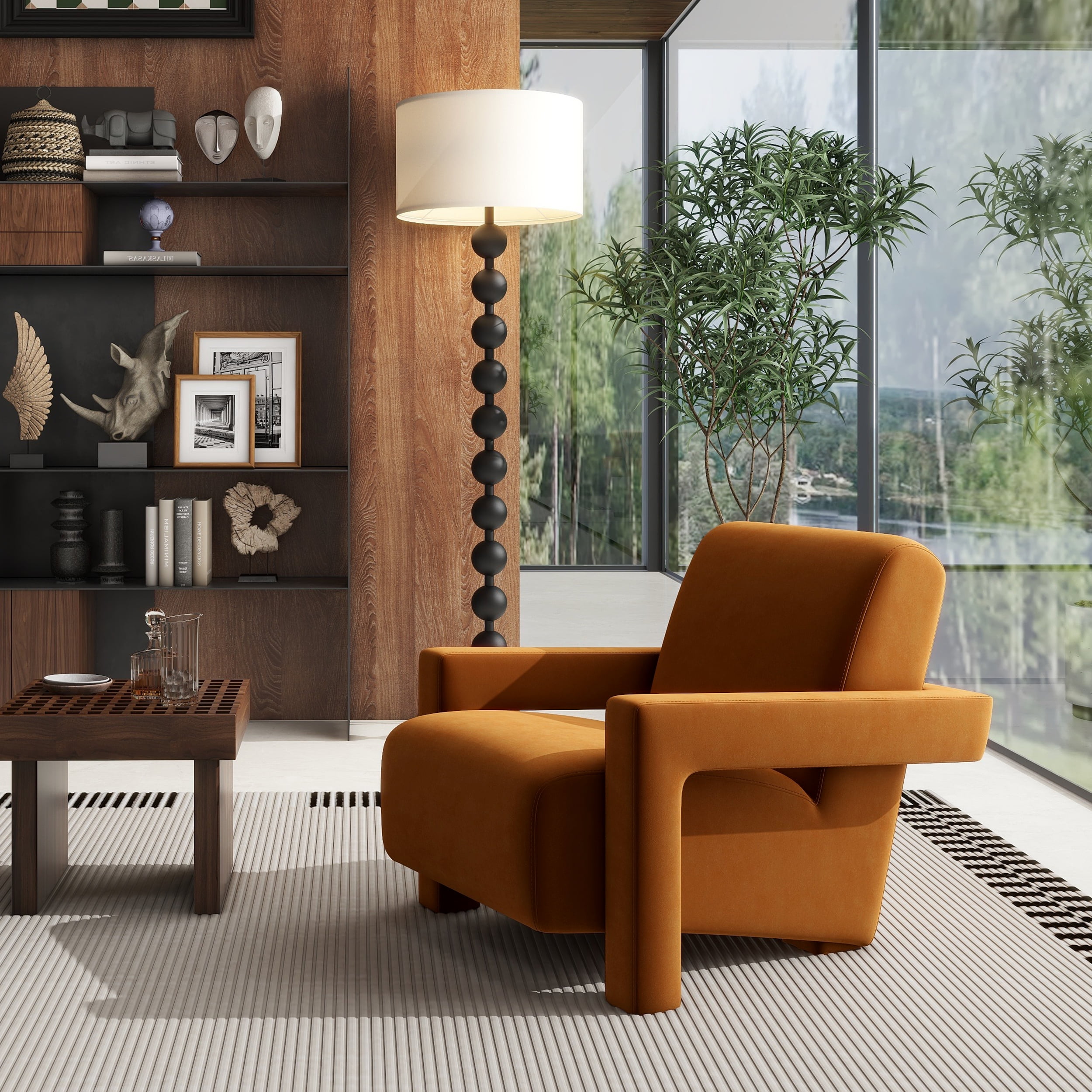 Burnt Orange Velvet Armchair with Square Arms