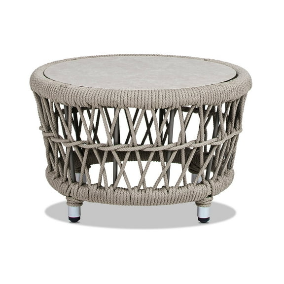 Jennifer Taylor Home Everly 21.5" Round Woven Patio Coffee Table, Light Beige Olefin