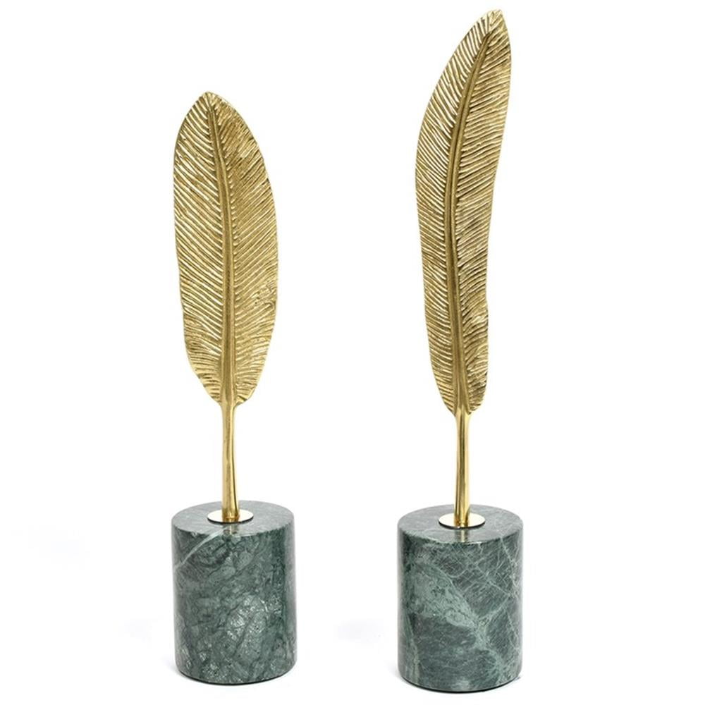 Gold Copper Feather Figurines with Green Marble Base, Set of 2
