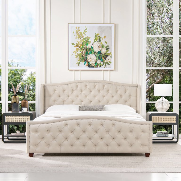 Roundhill Furniture Nantarre Tufted Wingback Upholstered Bed, Queen Size In Tan Fabric