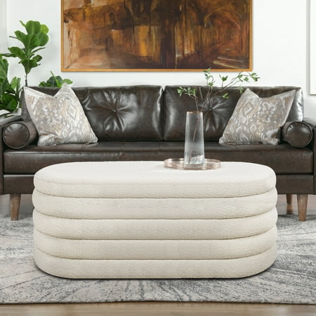 Fuji 49" Upholstered Oval Storage Bench Ivory White Boucle