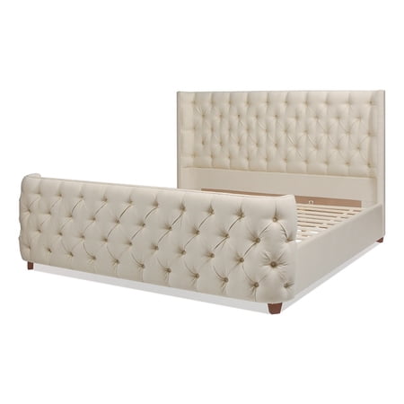 Geneva Curved Wing Upholstered Platform Bed Frame King Light Beige Linen