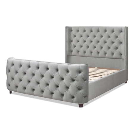 Geneva Curved Wing Upholstered Platform Bed Frame Queen Opal Grey Velvet