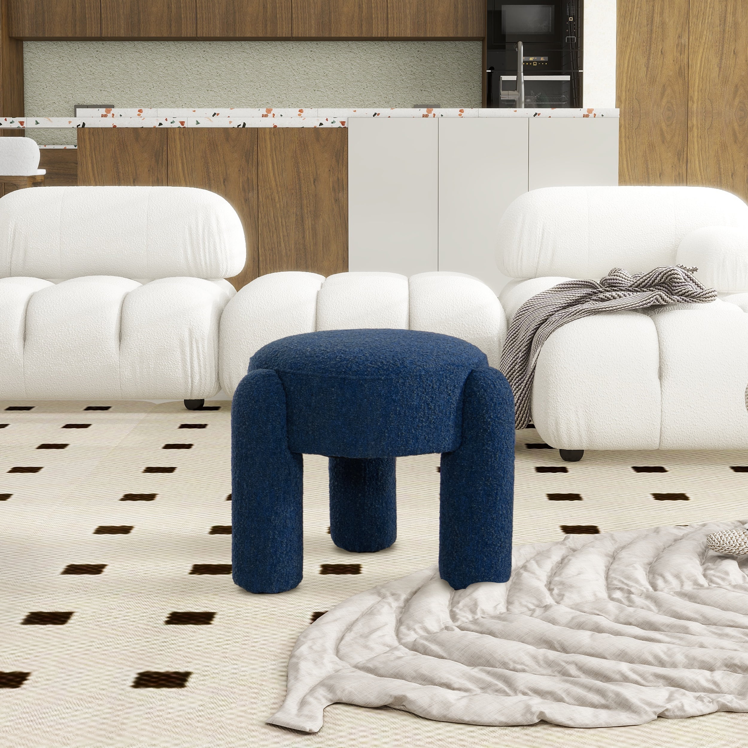 Moss Green Boucle Round Upholstered Ottoman with Eucalyptus Legs
