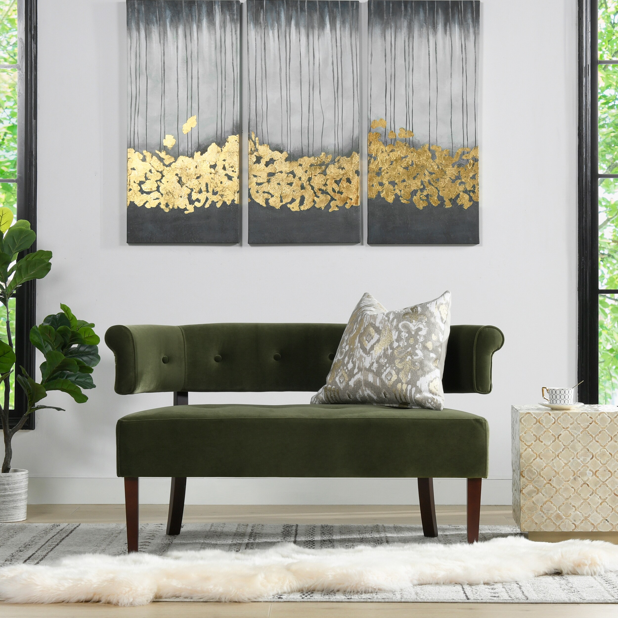 Jennifer Taylor Home Jared Roll Arm Tufted Bench Settee Olive Green