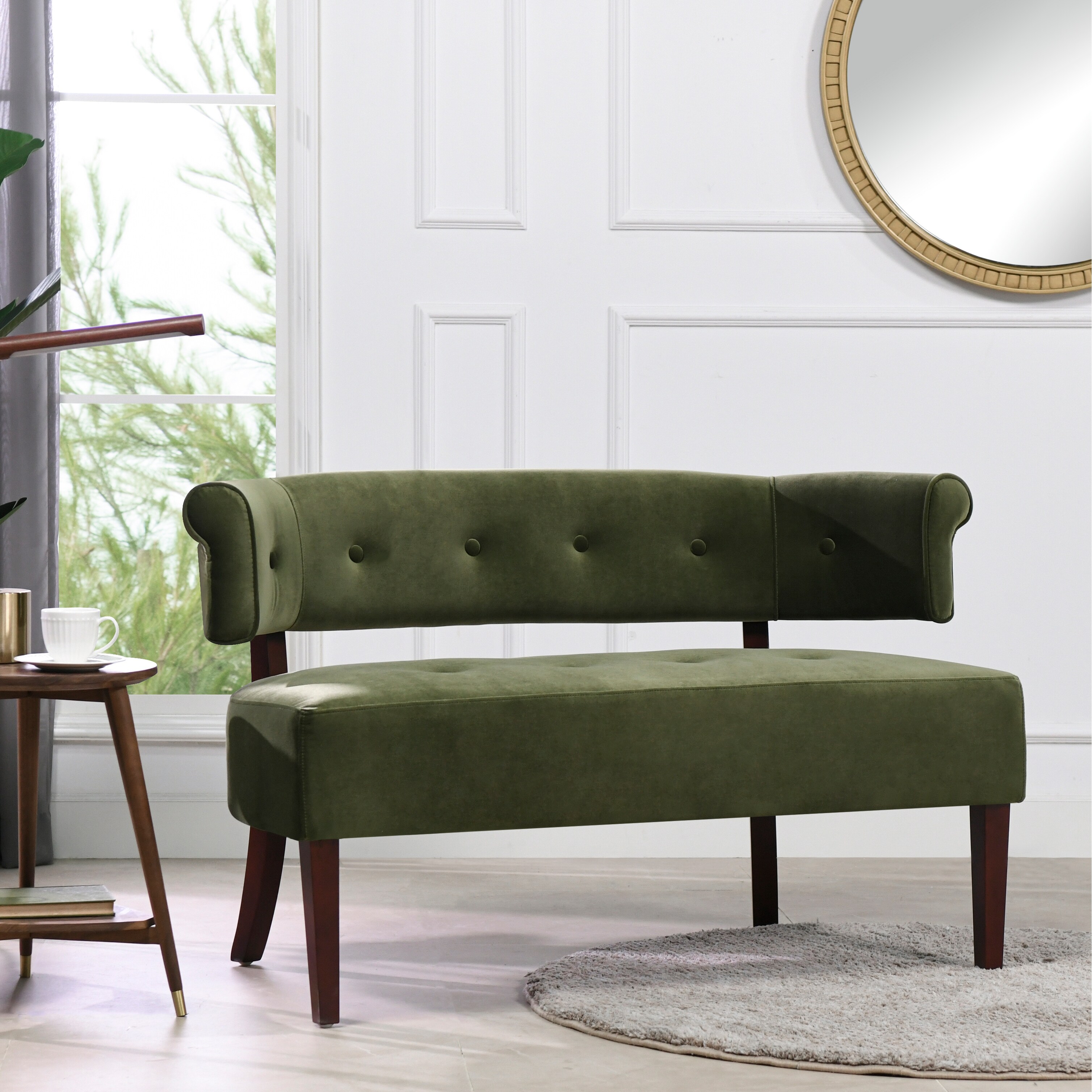Jennifer Taylor Home Jared Roll Arm Tufted Bench Settee Olive Green