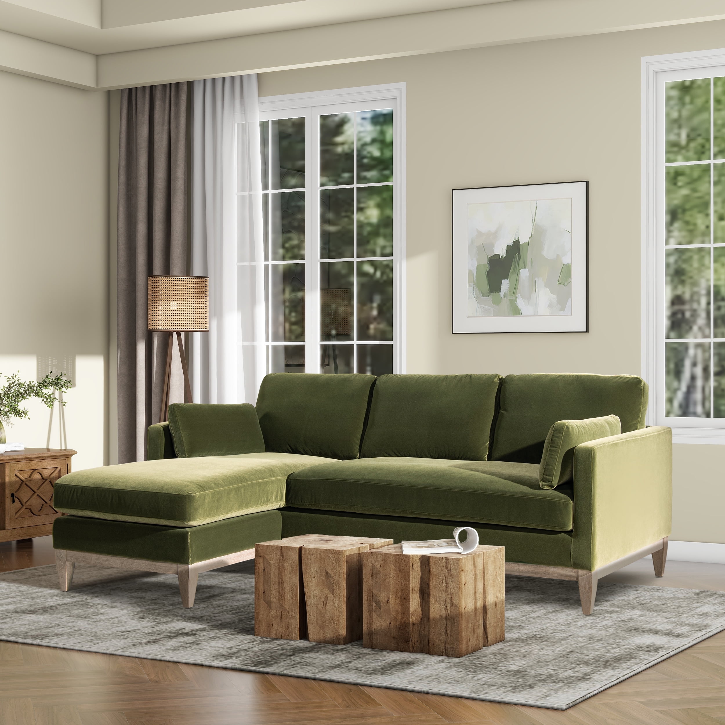 Olive Green Velvet Reversible Chaise Sectional Sofa with Ottoman