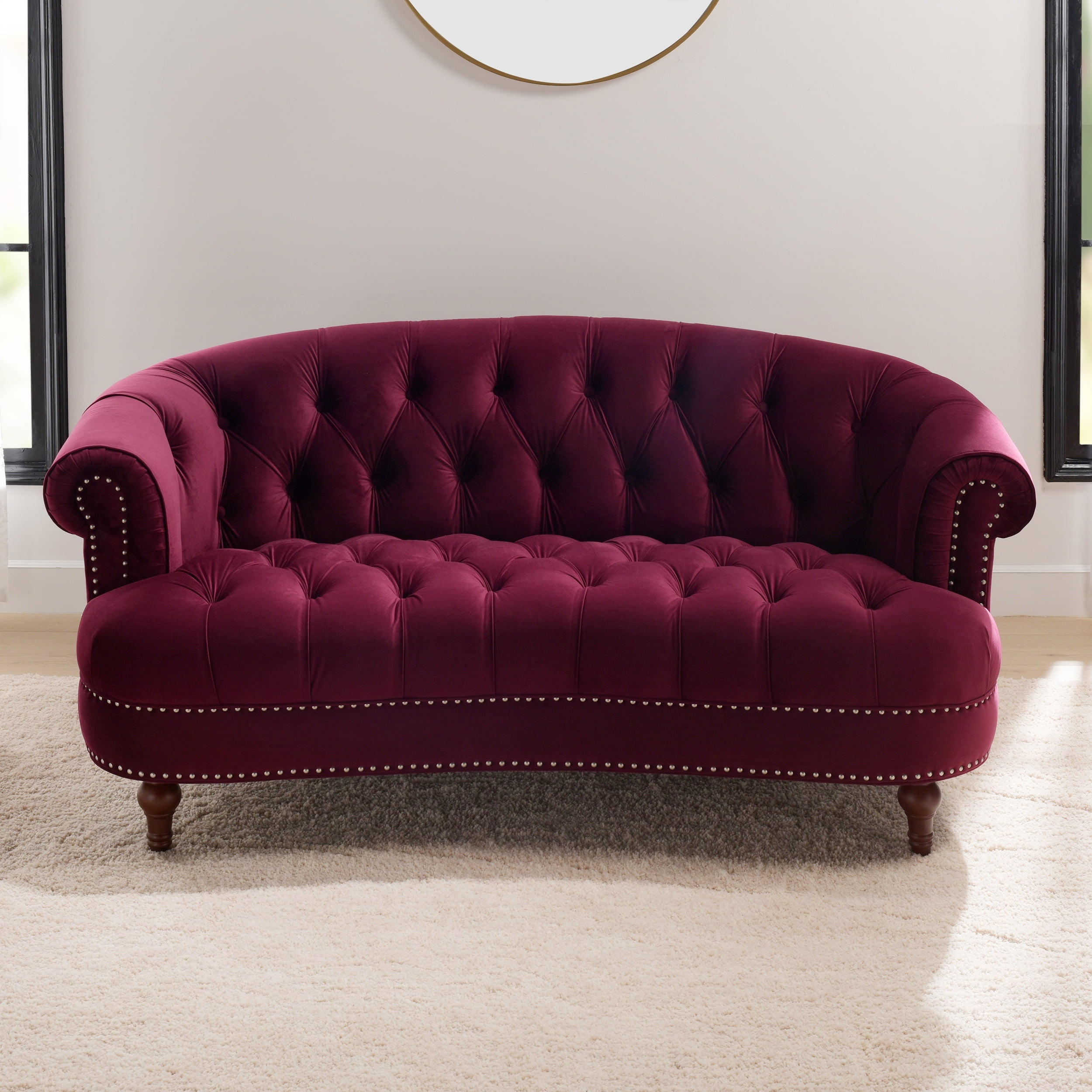 Burgundy Velvet Tufted Chesterfield Loveseat with Nailhead Trim