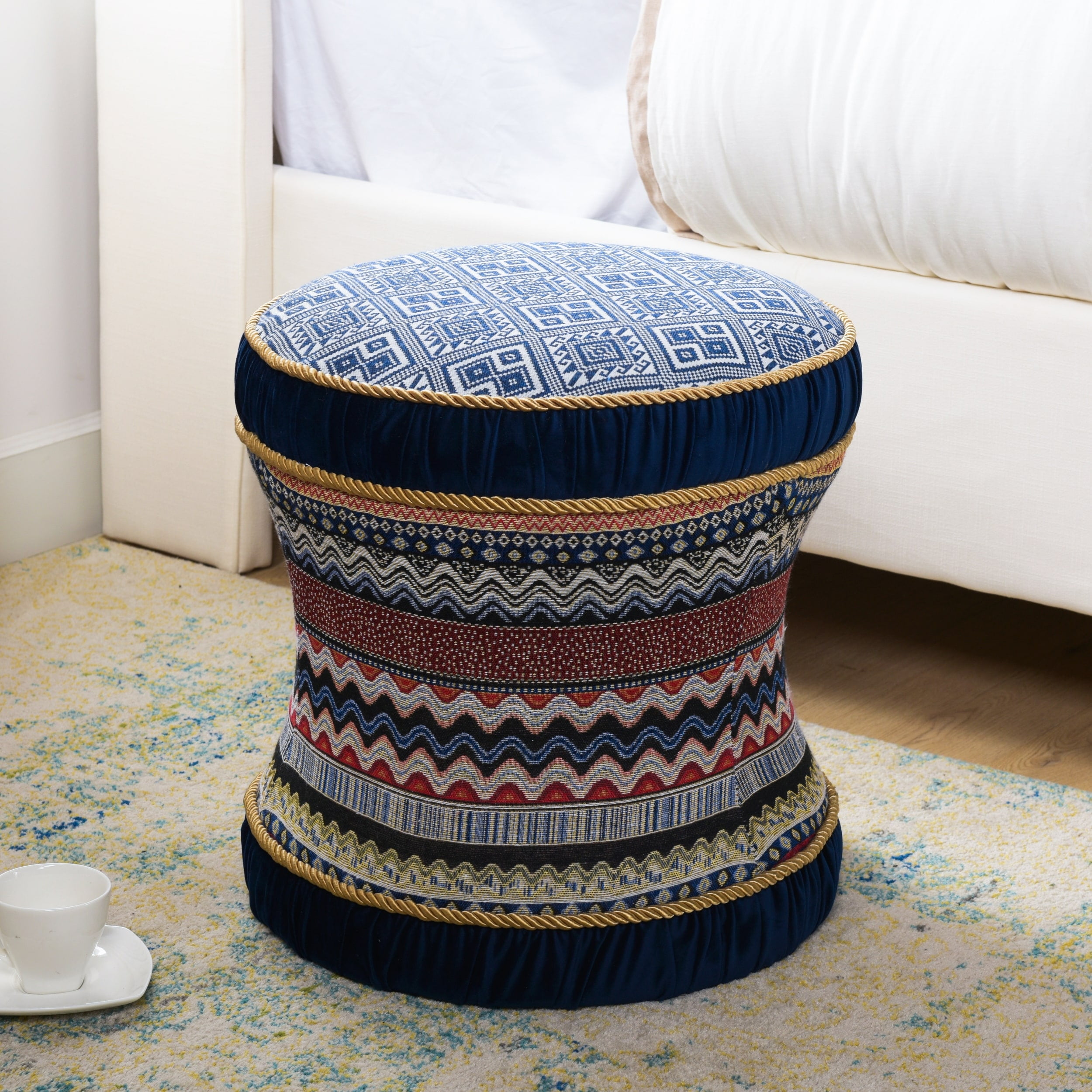 Jennifer Taylor Home Leona Decorative Ottoman Blue Multicolored Velvet Upholstered, Velvet ...