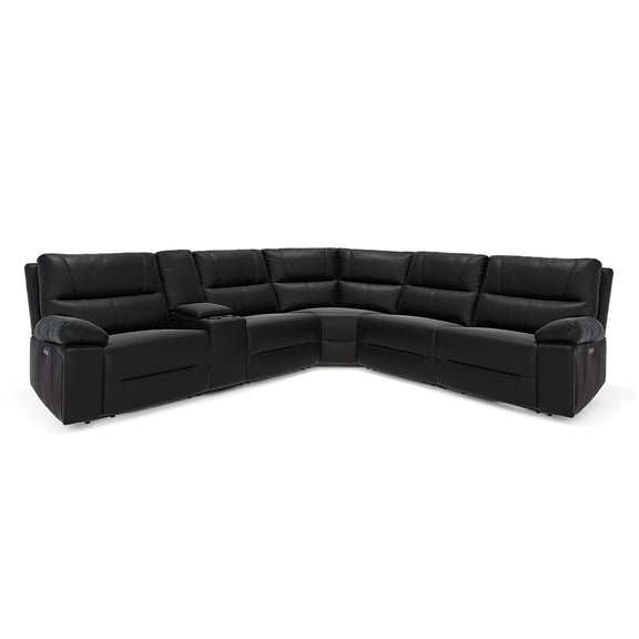 Jennifer Taylor Home Malibu 130" Modern Power Motion 6-Piece Reclining Corner Sectional with Cup Holders, Coal Black Top Grain Leather
