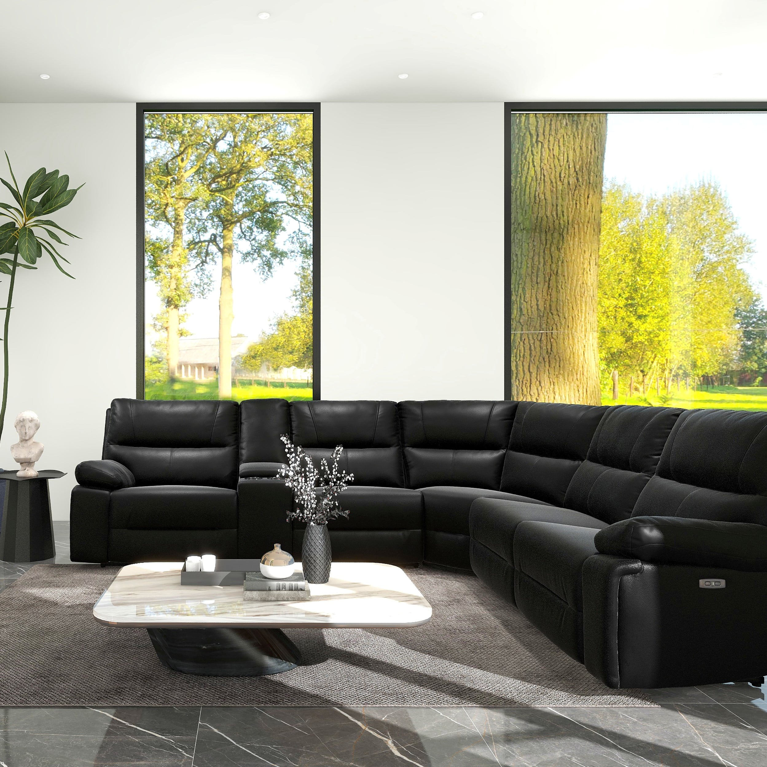 Coal Black Leather Six-Piece Reclining Sectional with Cup Holders