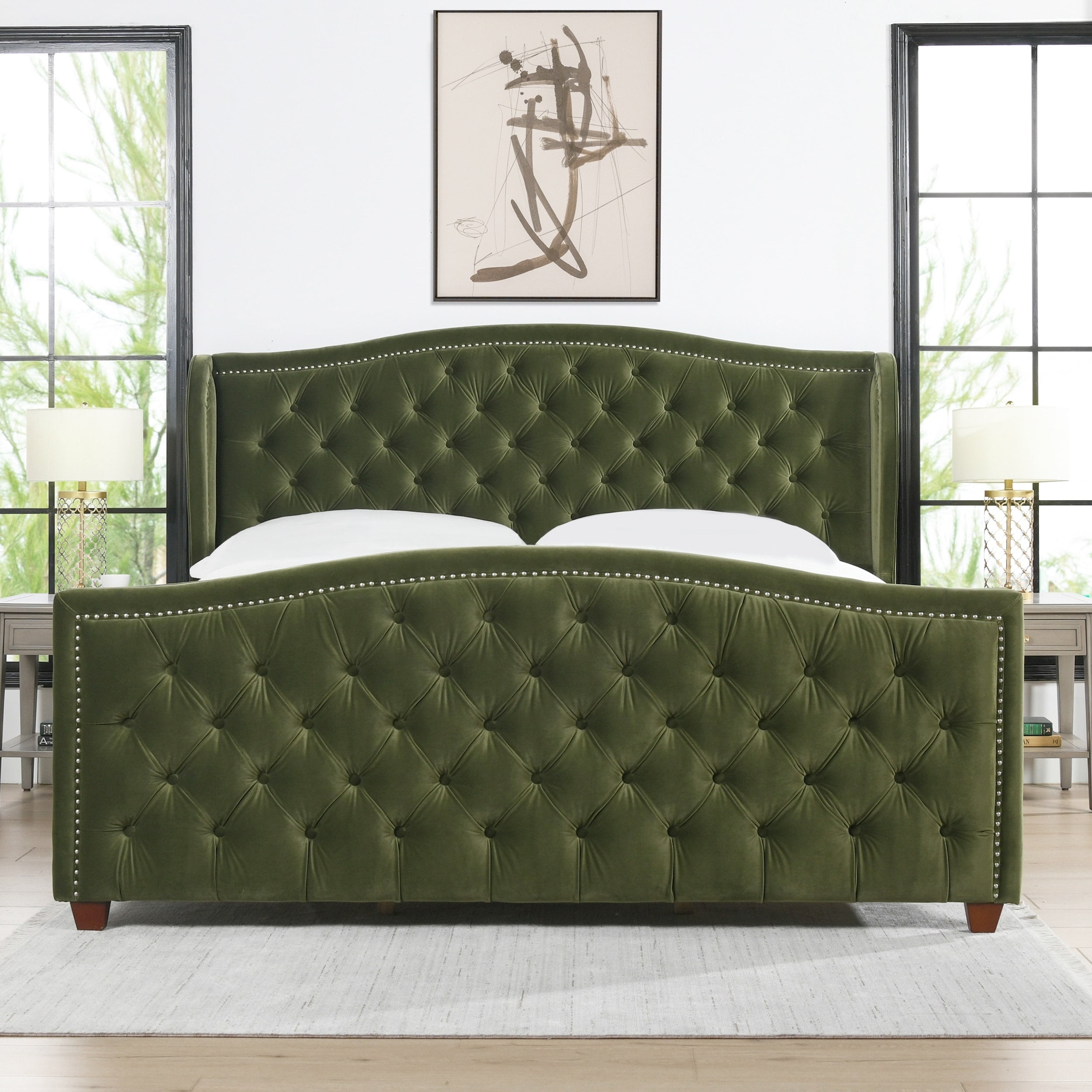 Jennifer Taylor Home Marcella King Bed, High Back Upholstered Frame, Olive Green Velvet