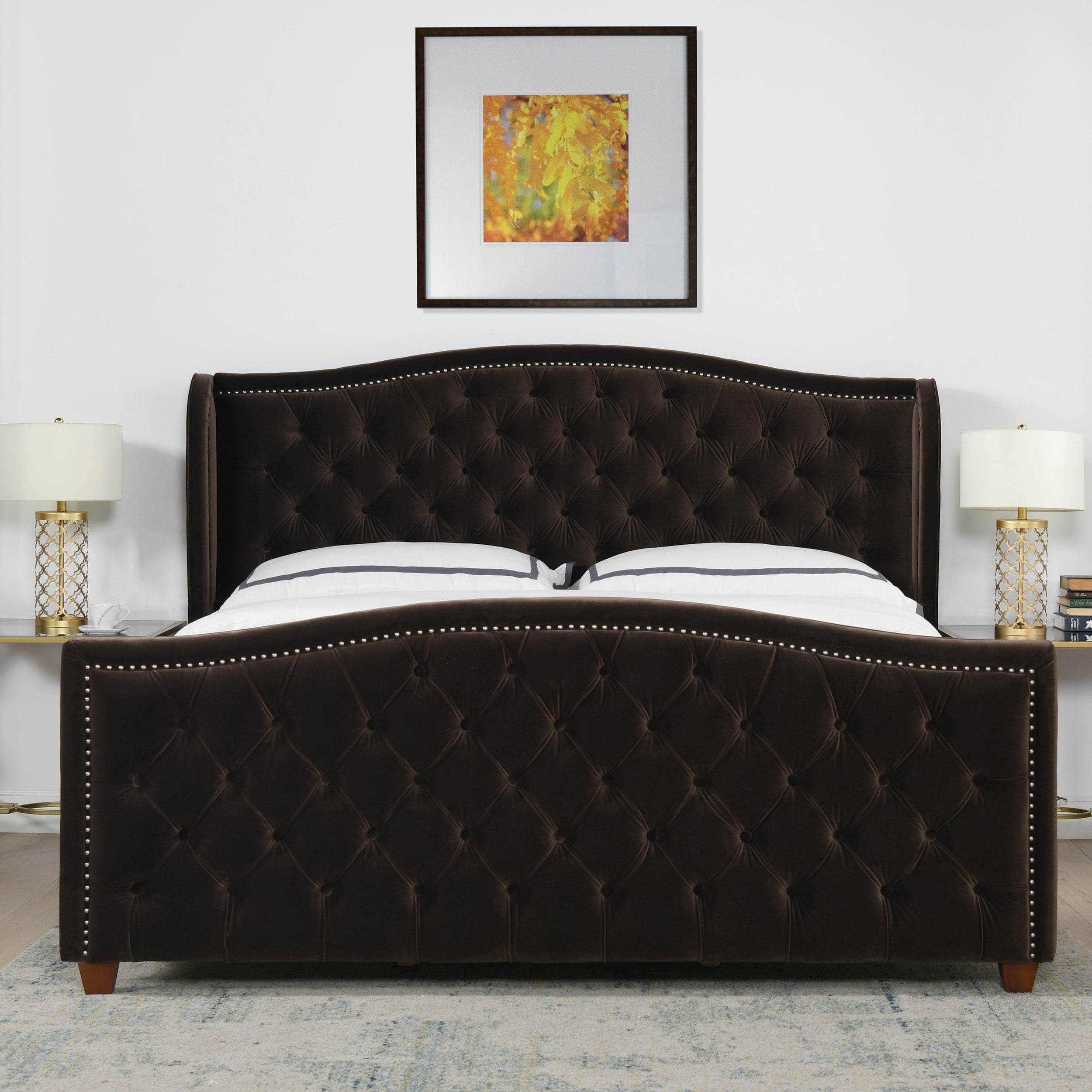 Jennifer Taylor Home Marcella Upholstered Shelter Headboard Panel Bed Set Deep Brown Performance Velvet Upholstered King Transitional, Mid-Century