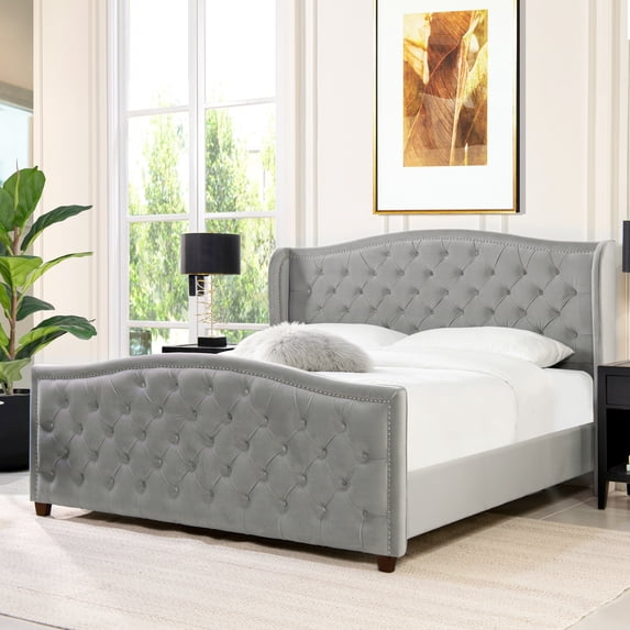 Marcella Upholstered Shelter Headboard Bed Set King Opal Grey Velvet