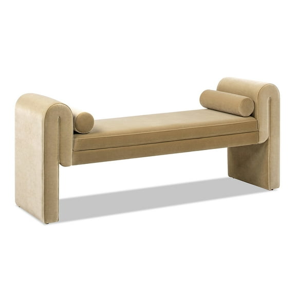 Jennifer Taylor Home Mason 60.5" Arched Arm Bench with Bolster Pillows, Camel Brown Beige Performance Velvet