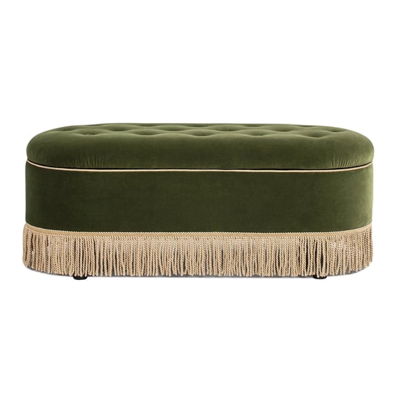 Jennifer Taylor Home Melinda 48.5" Oval Tufted Bullion Fringe Storage Bench, Olive Green Performance Velvet