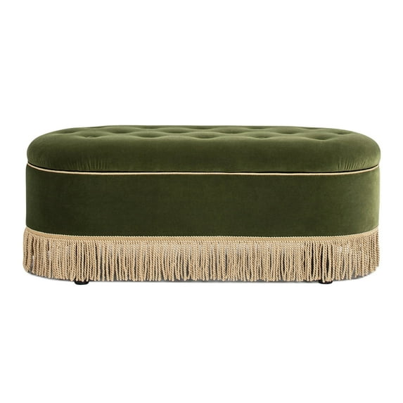 Jennifer Taylor Home Melinda 48.5" Oval Tufted Bullion Fringe Storage Bench, Olive Green Performance Velvet