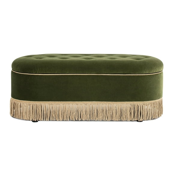 Jennifer Taylor Home Melinda 48.5" Oval Tufted Bullion Fringe Storage Bench, Olive Green Performance Velvet