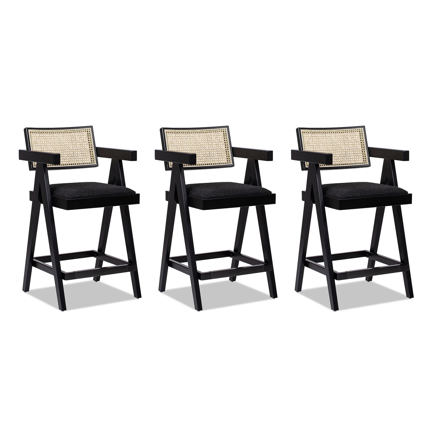 Milan 25.5'' Black Boucle Bar Stools with Cane Back, Set of 3