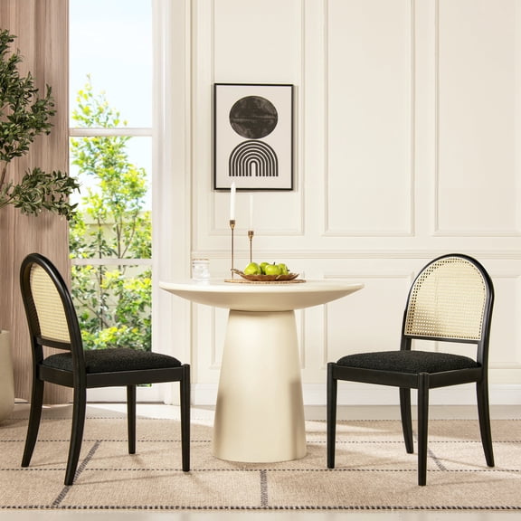 Panama 18.5" Curved Resin Cane Rattan Side Dining Chair, Set of 2, Ebony Black Boucle
