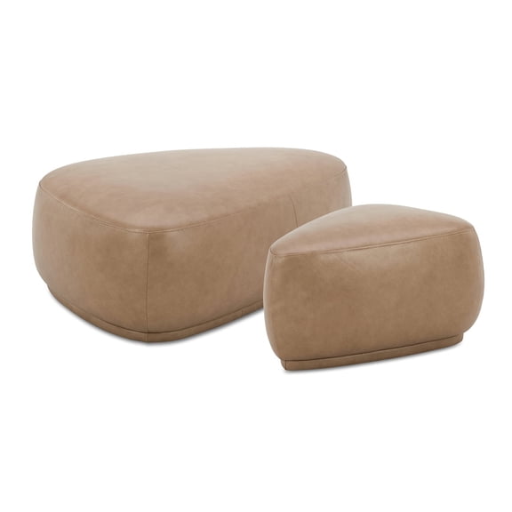 Jennifer Taylor Home Pebble 44" & 26" Rounded Triangle Cocktail Ottoman Set, Tuscan Tan Brown Top Grain Leather