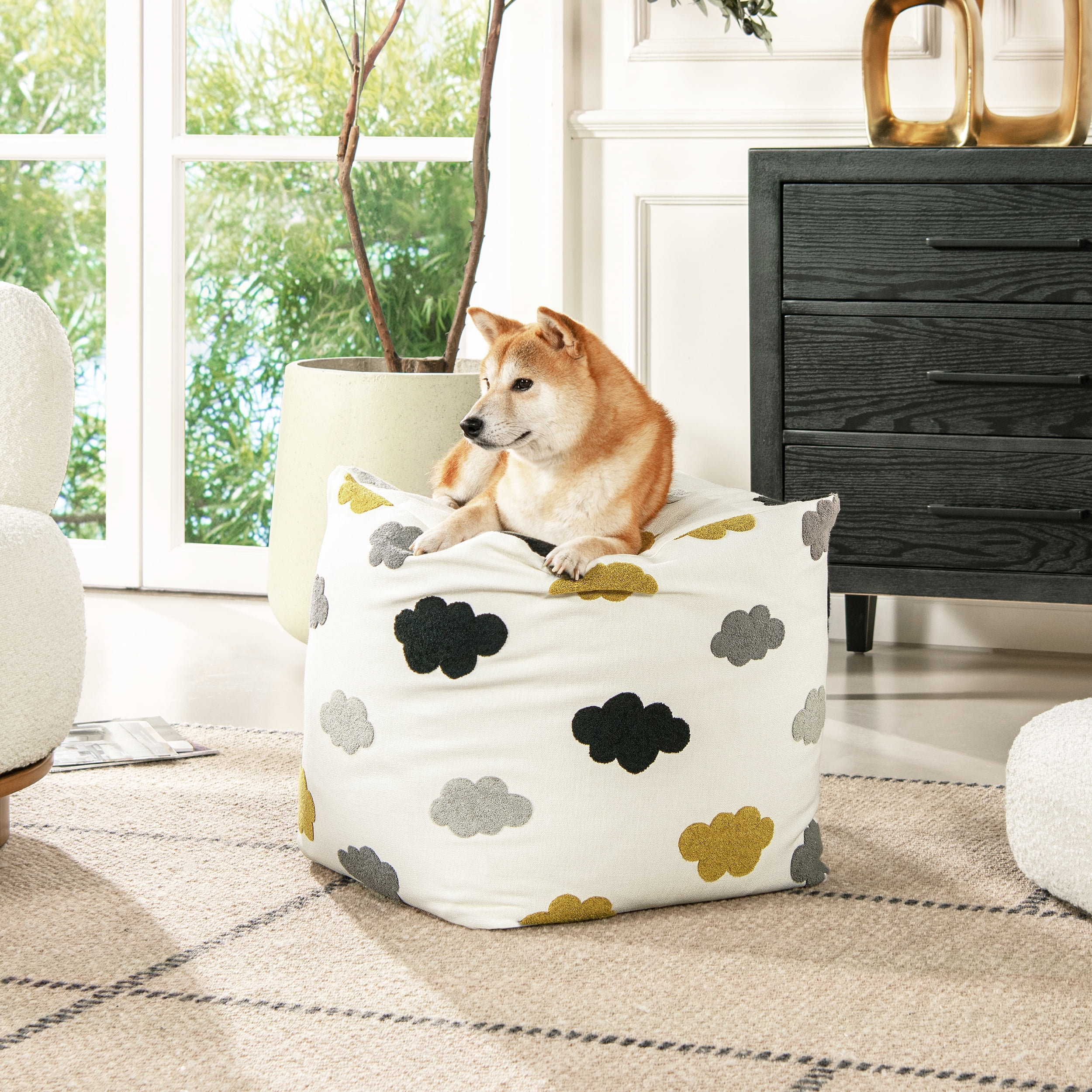 Cumulus Cream White Embroidered Pouf with Micro Bead Filling