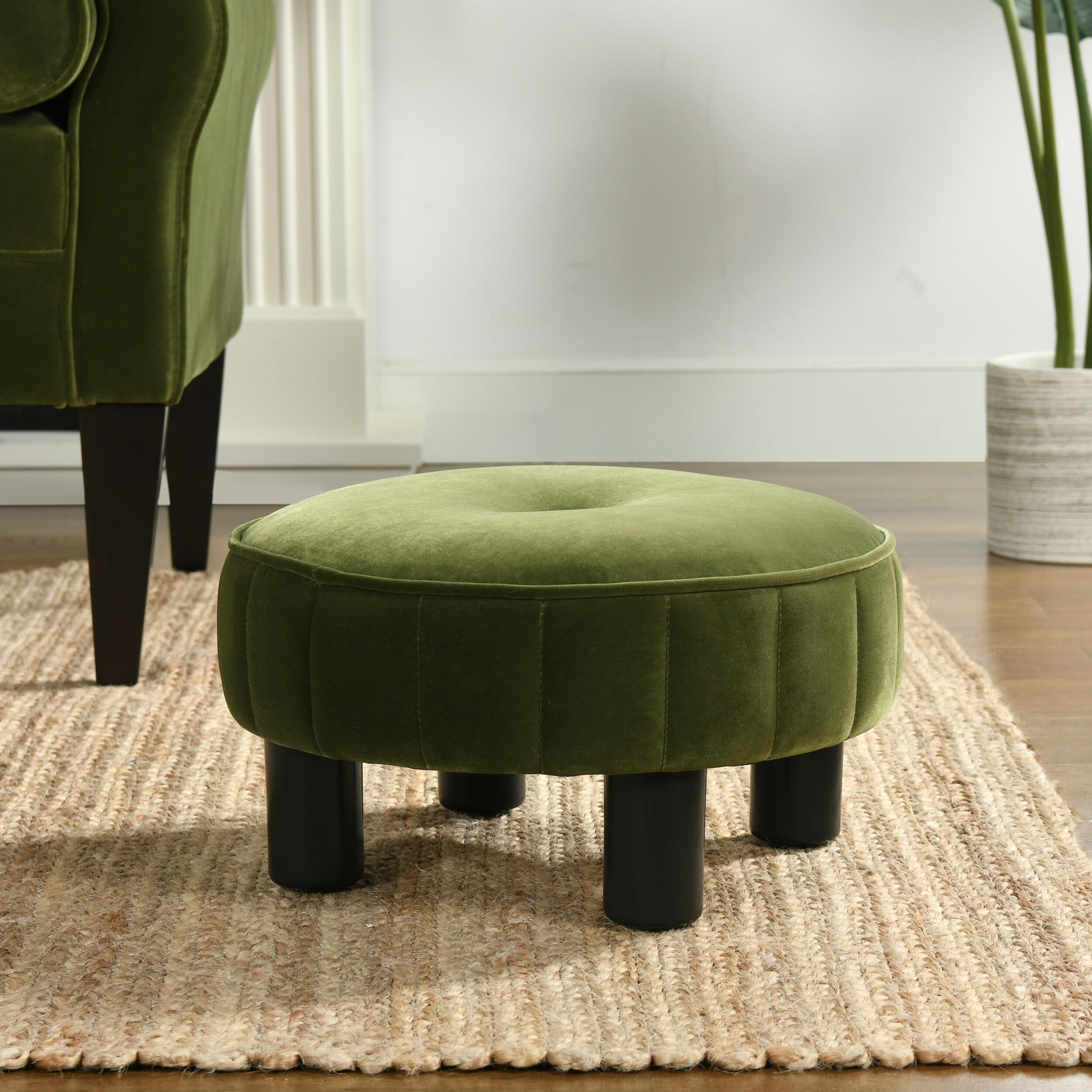 Tufted Olive Green Velvet Round Ottoman, 17"