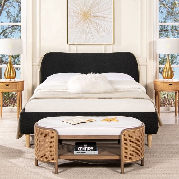 Jennifer Taylor Home Roman Curved Headboard Upholstered Platform Bed, Queen, Ebony Black Boucle