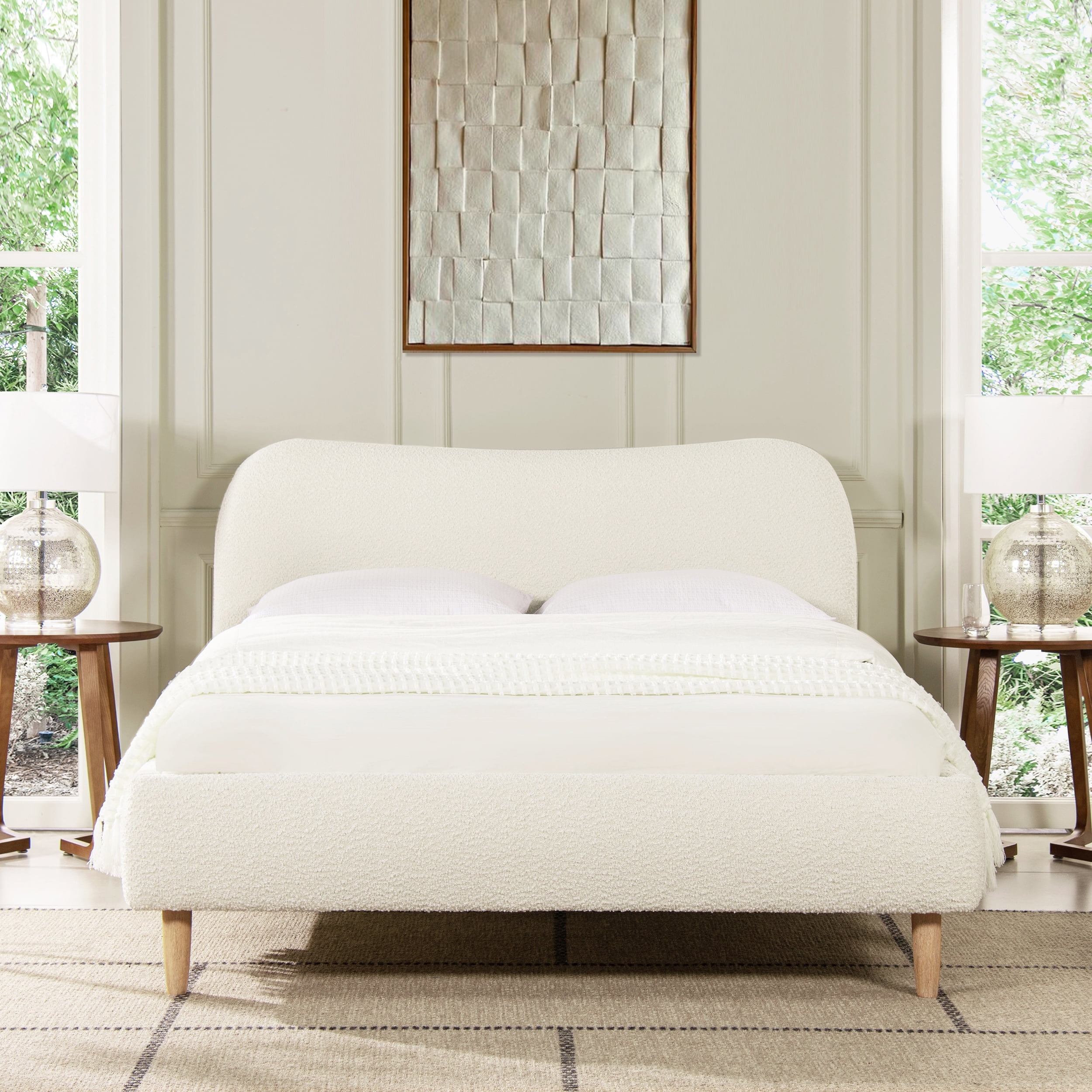 Jennifer Taylor Home Roman Curved Headboard Upholstered Platform Bed Queen Ivory White Boucle